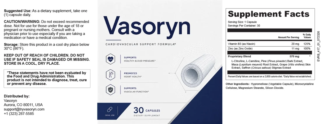 Vasoryn Supplement Facts label: niacin 20 mg, zinc 11 mg and a 570 mg blend of L-citrulline, L-carnitine, pine bark, maca, grape skin and saffron